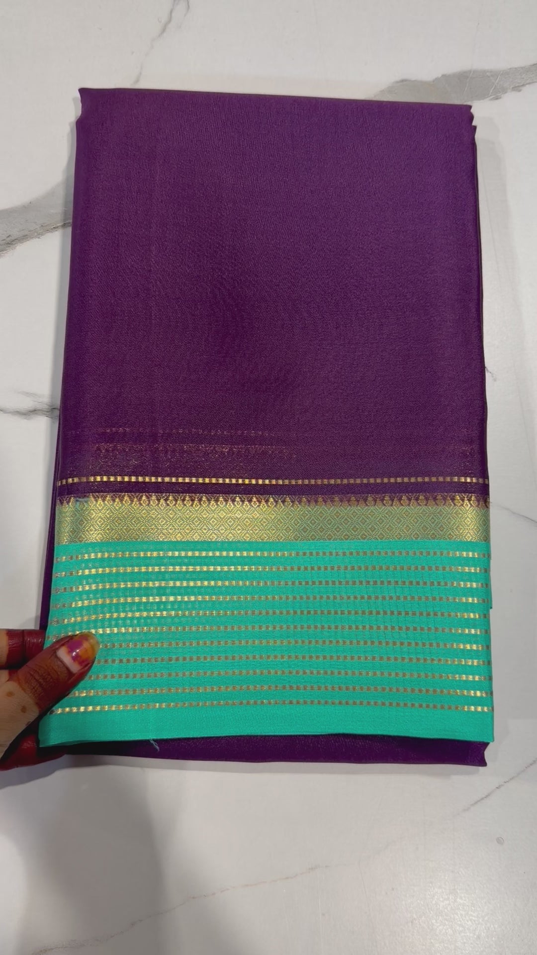 PM-5700 Wine and Sea blue colourpure Mysore crepe silk saree