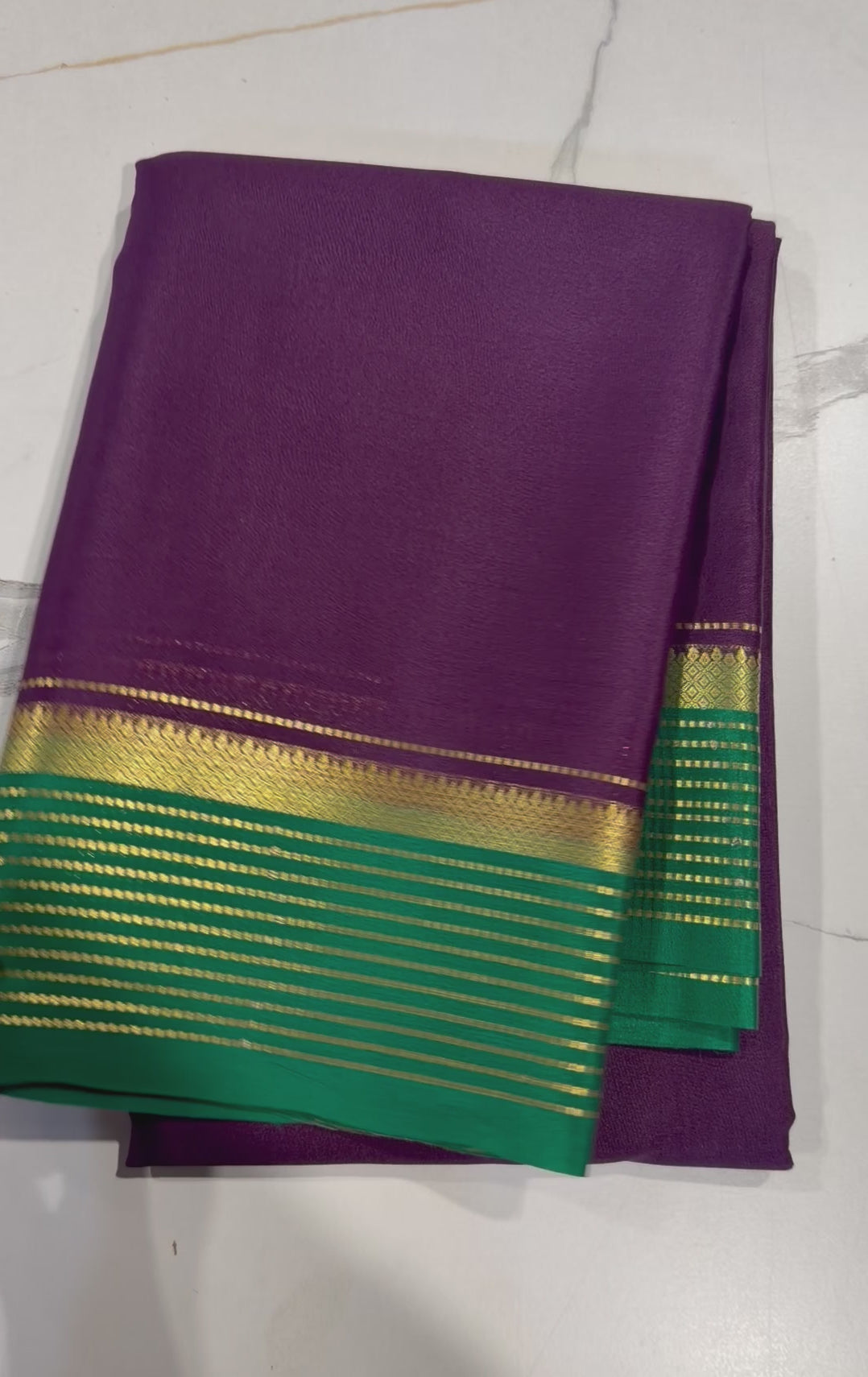PM-5700 Wine and Sea green colour border Mysore crepe silk saree