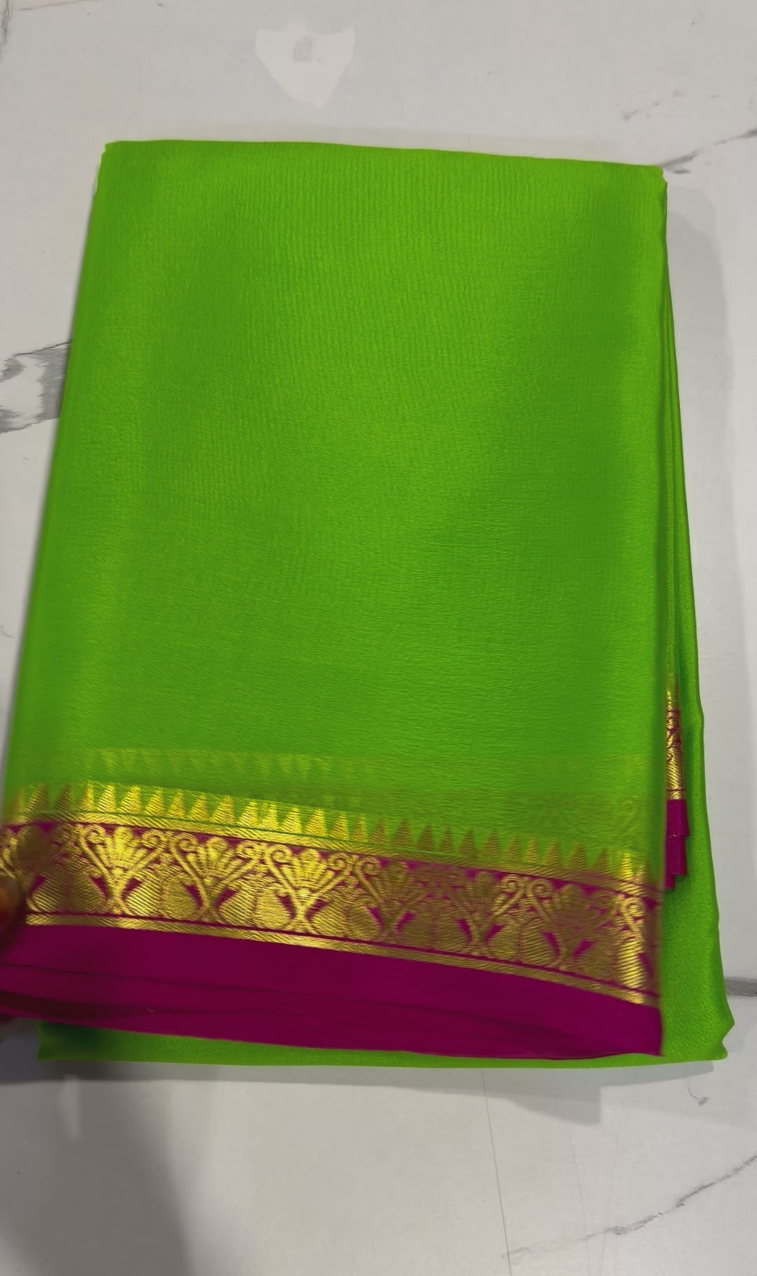 PM- 5700 green and pink border Mysore crepe silk saree