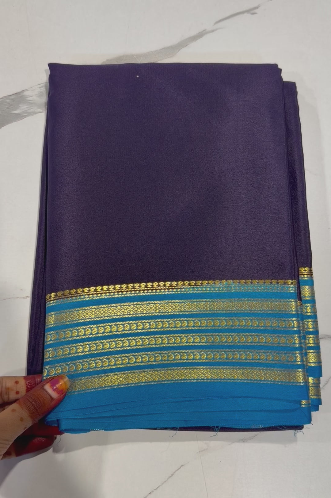 PM- 5700 brinjal and Krishna blue border Mysore crepe silk saree