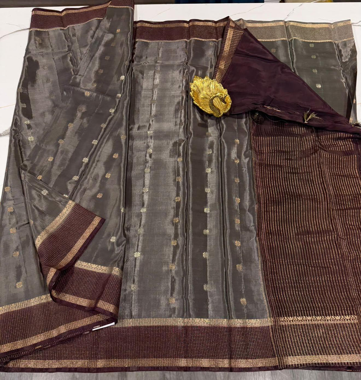HC -2400 Grey n brown colour Banaras viscous crep saree