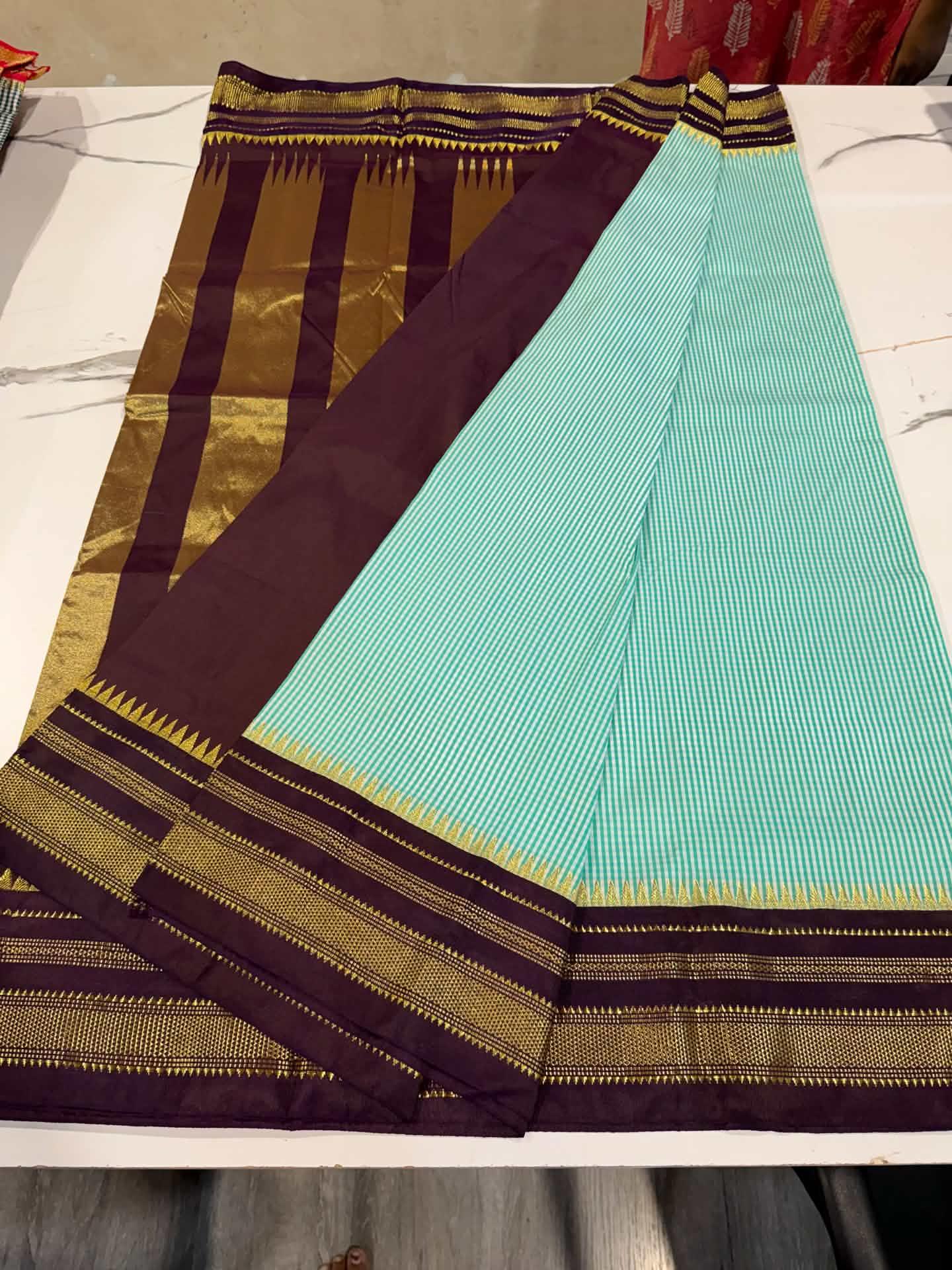 LD-N22 narayanapeta checks sarees sea blue and brown saree