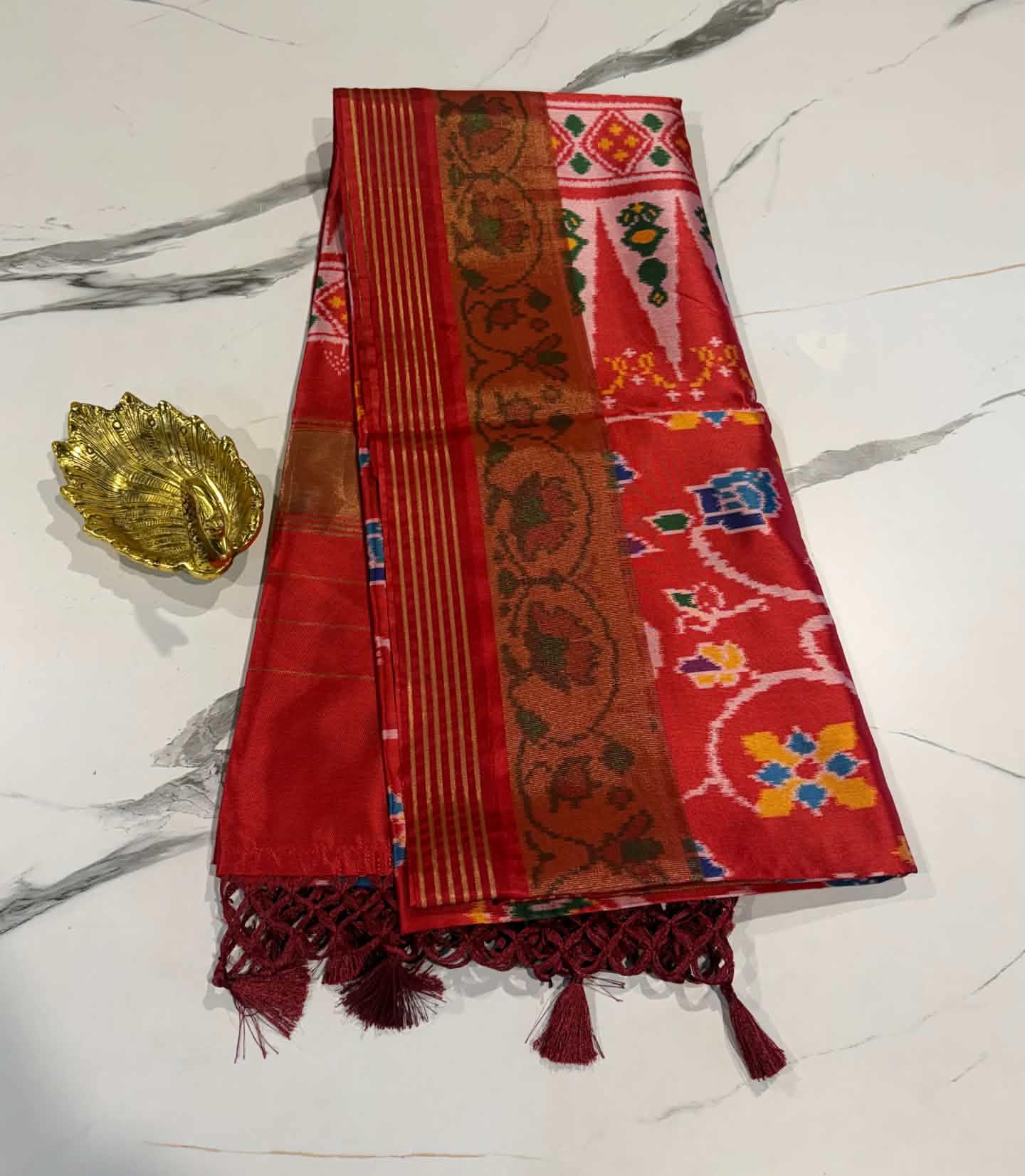 LD-1351 patola with tissue boarder red n red saree parrots