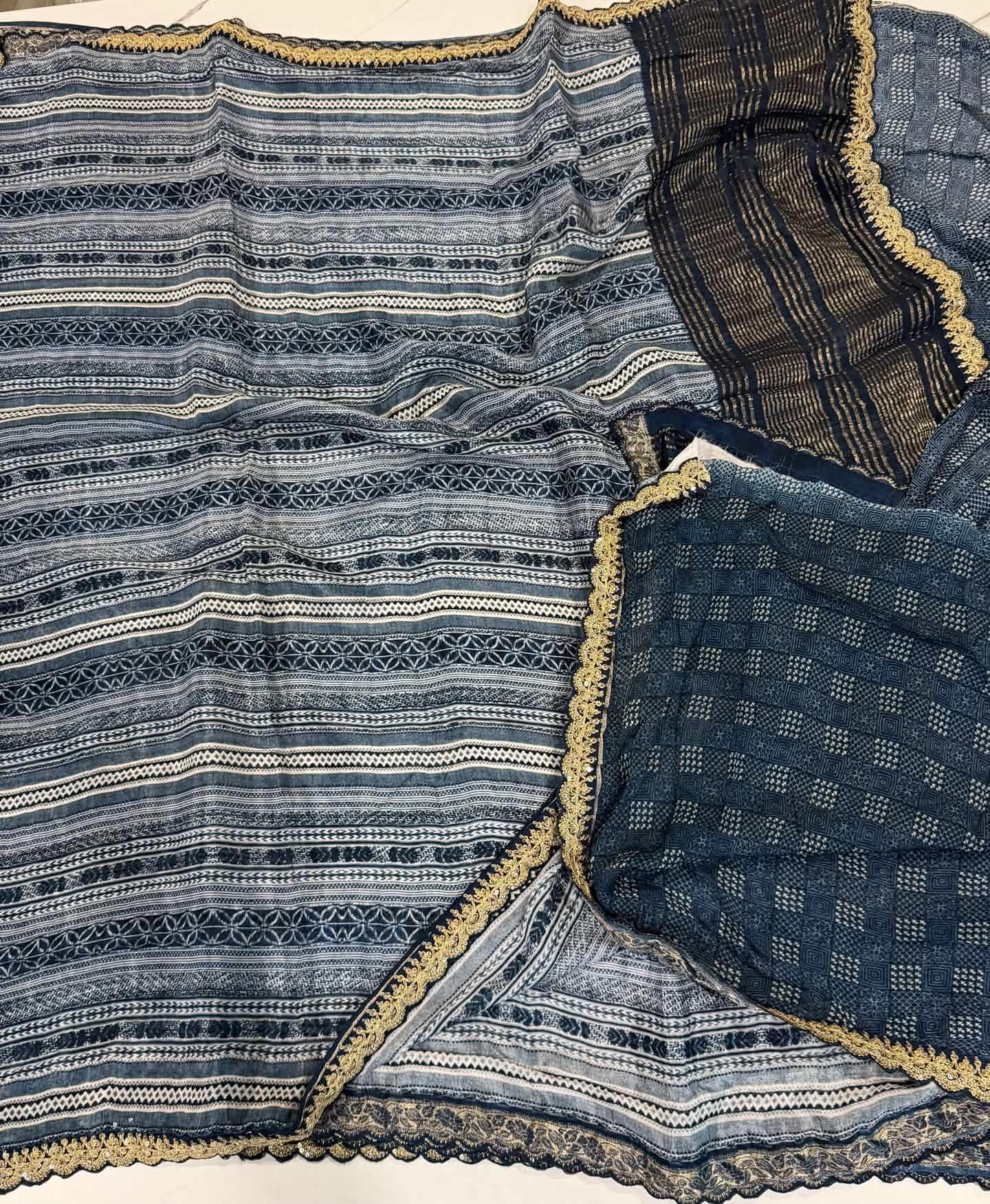 LD-37 chinon crape scalop boarders blue and gray saree