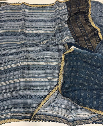 LD-37 chinon crape scalop boarders blue and gray saree