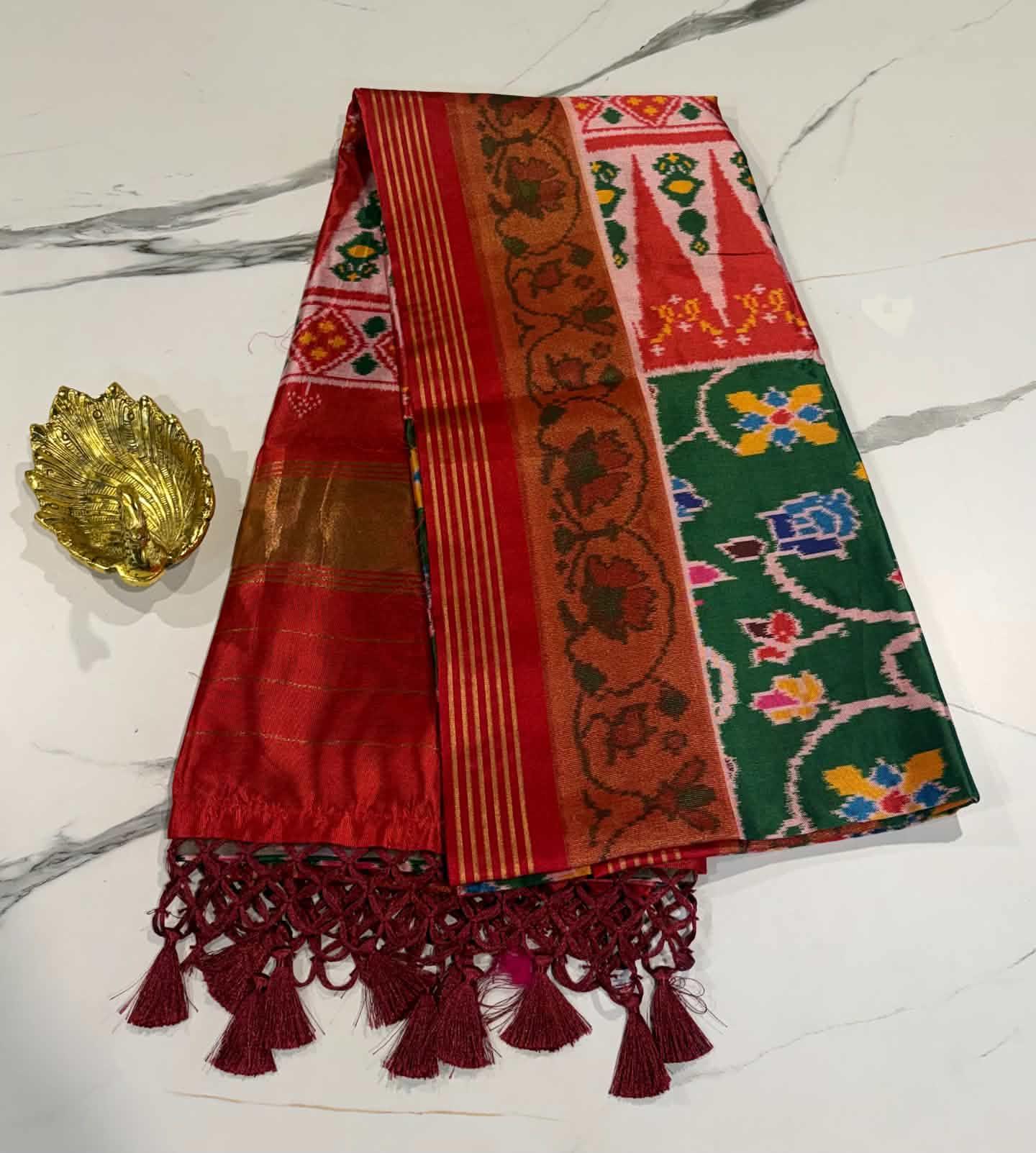 LD-1351 patola with tissue boarder green n red sarees parrots