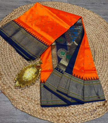 LD-N9 Orange n Navy blue saree Narayanapet semi pattu  muniya butta