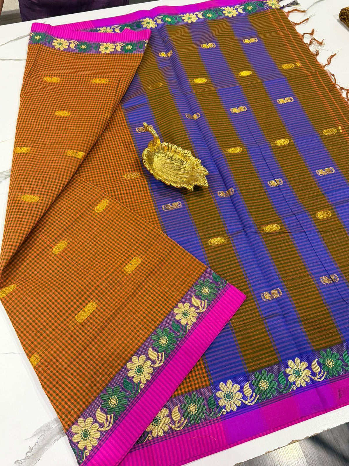 KC-950 Orange n Green checks kanchi cotton saree