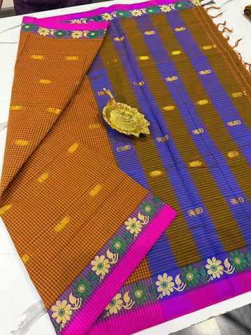 KC-950 Orange n Green checks kanchi cotton saree