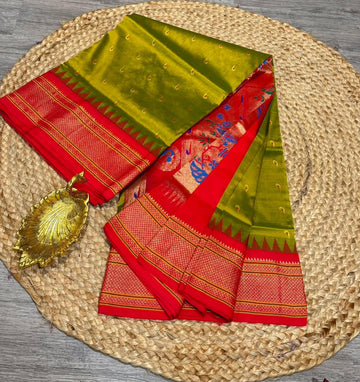 LD-N9 Mehendi green n red saree Narayanapet semi pattu  muniya butta