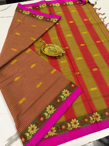 KC-950 Pink n light green checks kanchi cotton saree