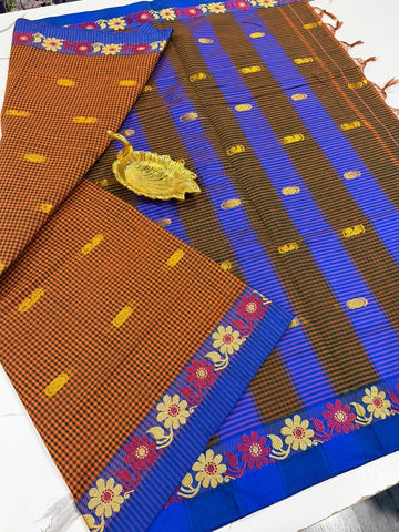 KC-950 Orange n Green checks kanchi cotton saree