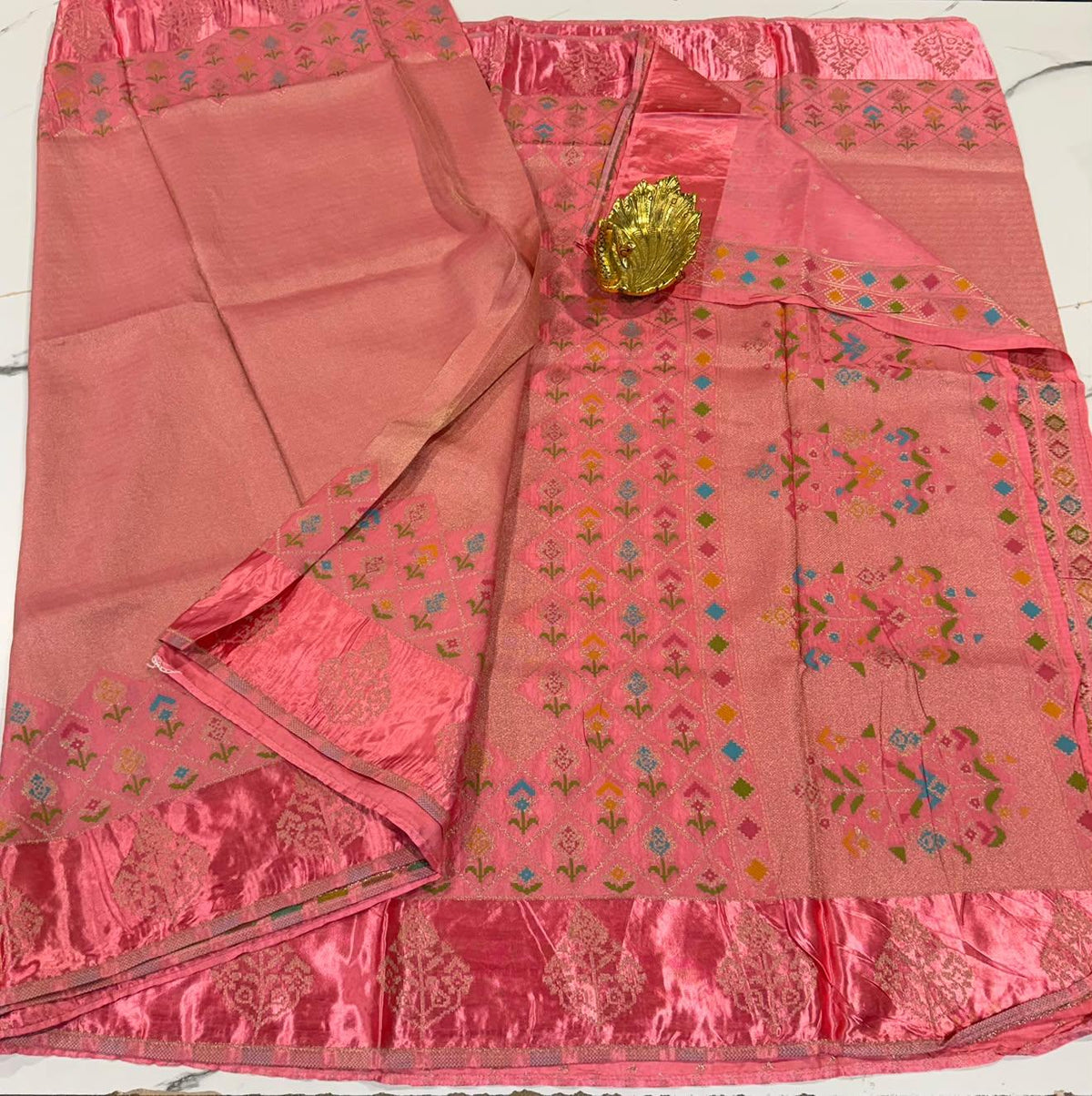 S-3200 Peachish pink colour Kanchi tissue saree