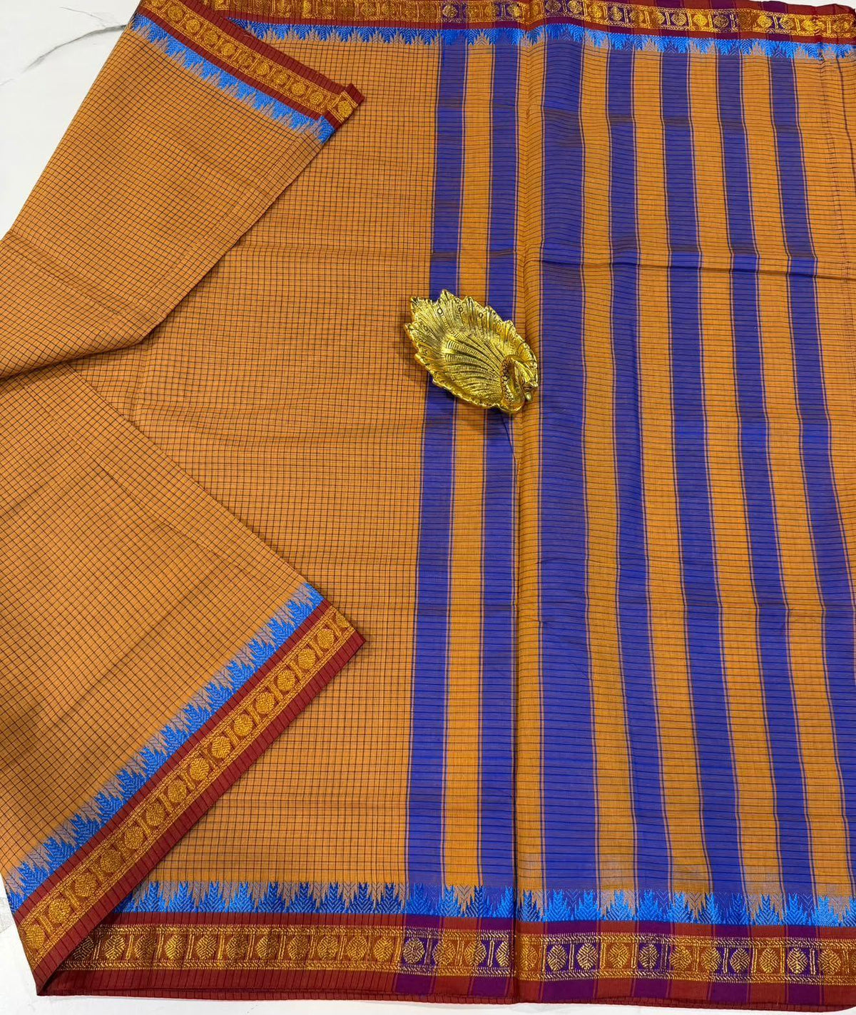KC-950 Mustered yellow nd blue kanchi cotton saree