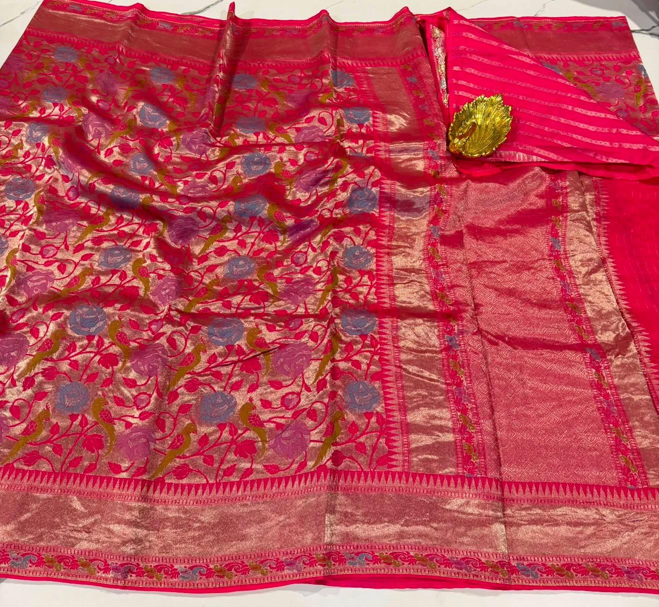 Ts-4600 pink colour Tussar tissue parrots saree