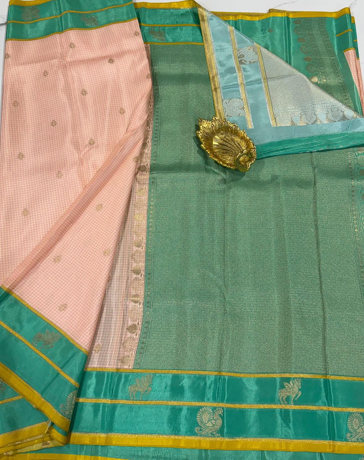BV-4 Baby pink n sea green colour Benaras viscous crepe saree