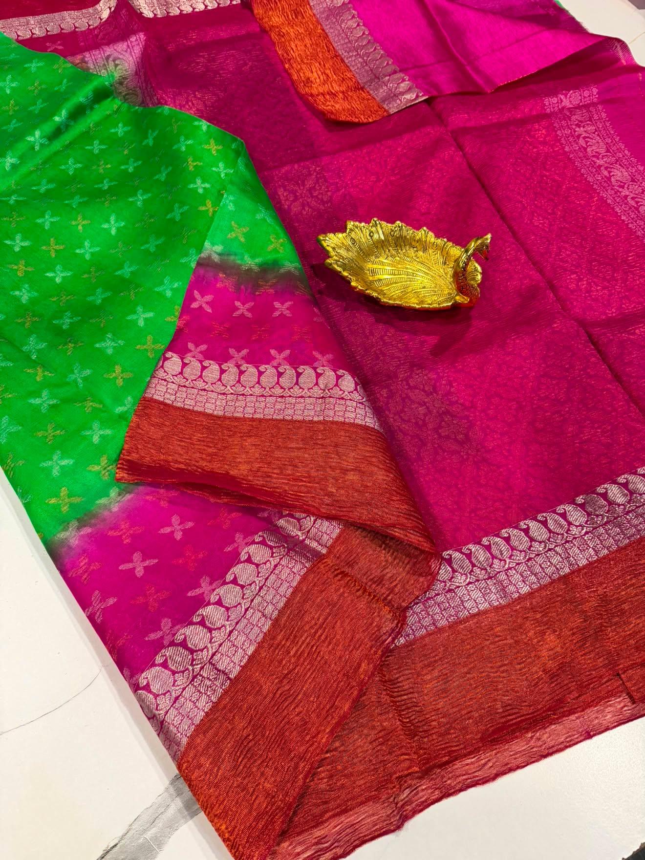 Dp-5900 green  & pink dupion pattu