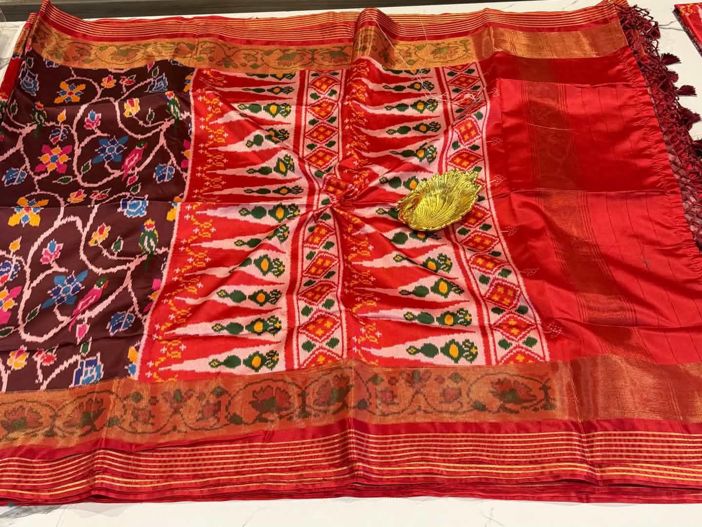 LD-1351 patola with tissue boarder brown and red saree parrots