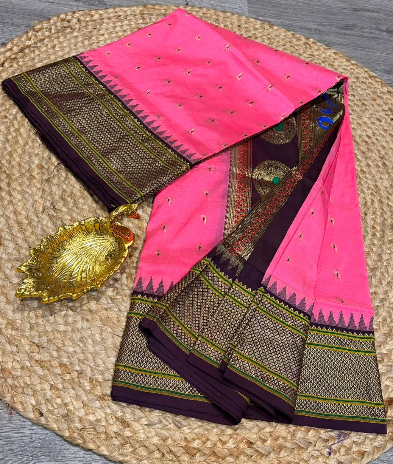 LD-N9  Pink n Brown saree Narayanapet semi pattu  muniya butta