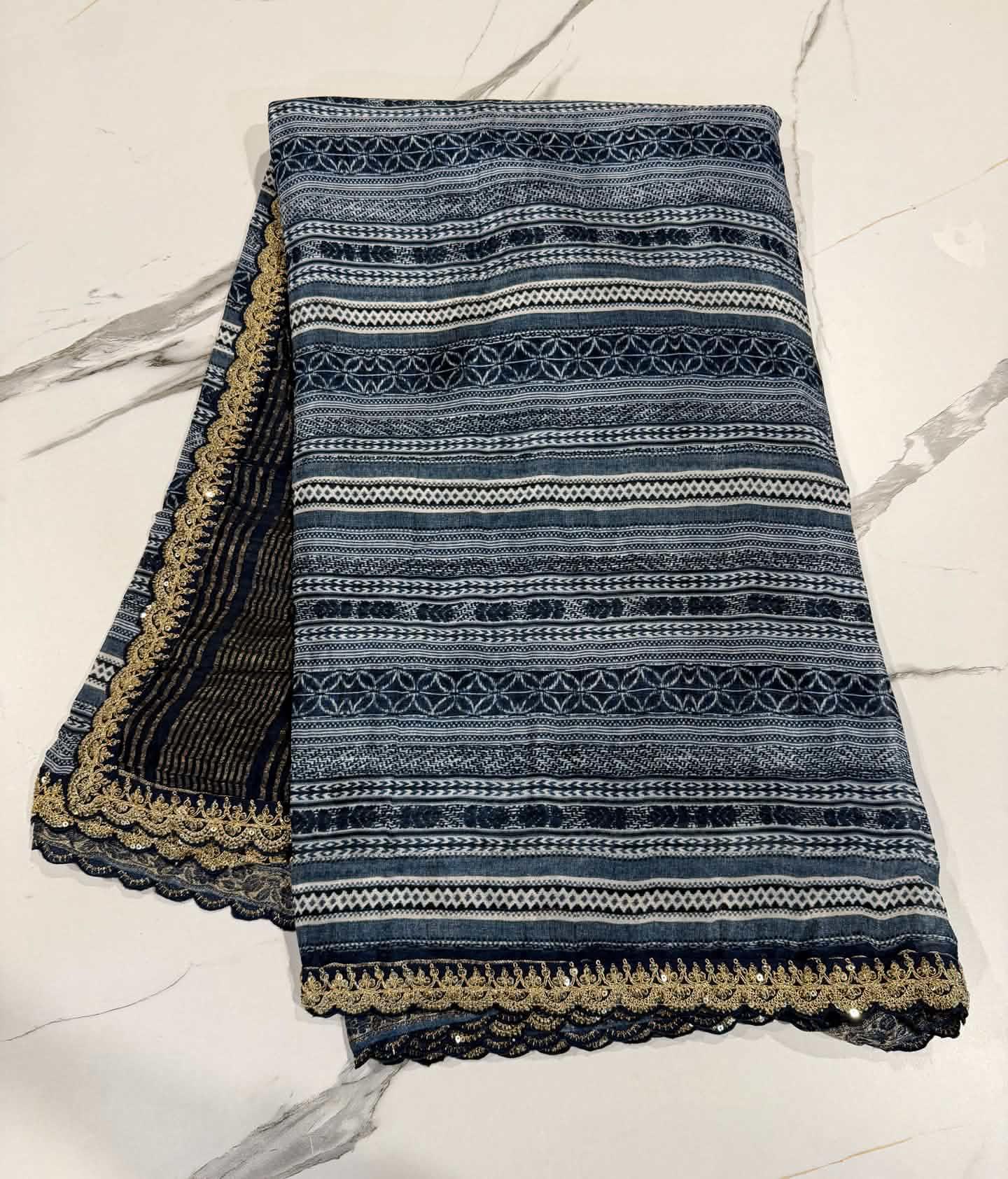 LD-37 chinon crape scalop boarders blue and gray saree
