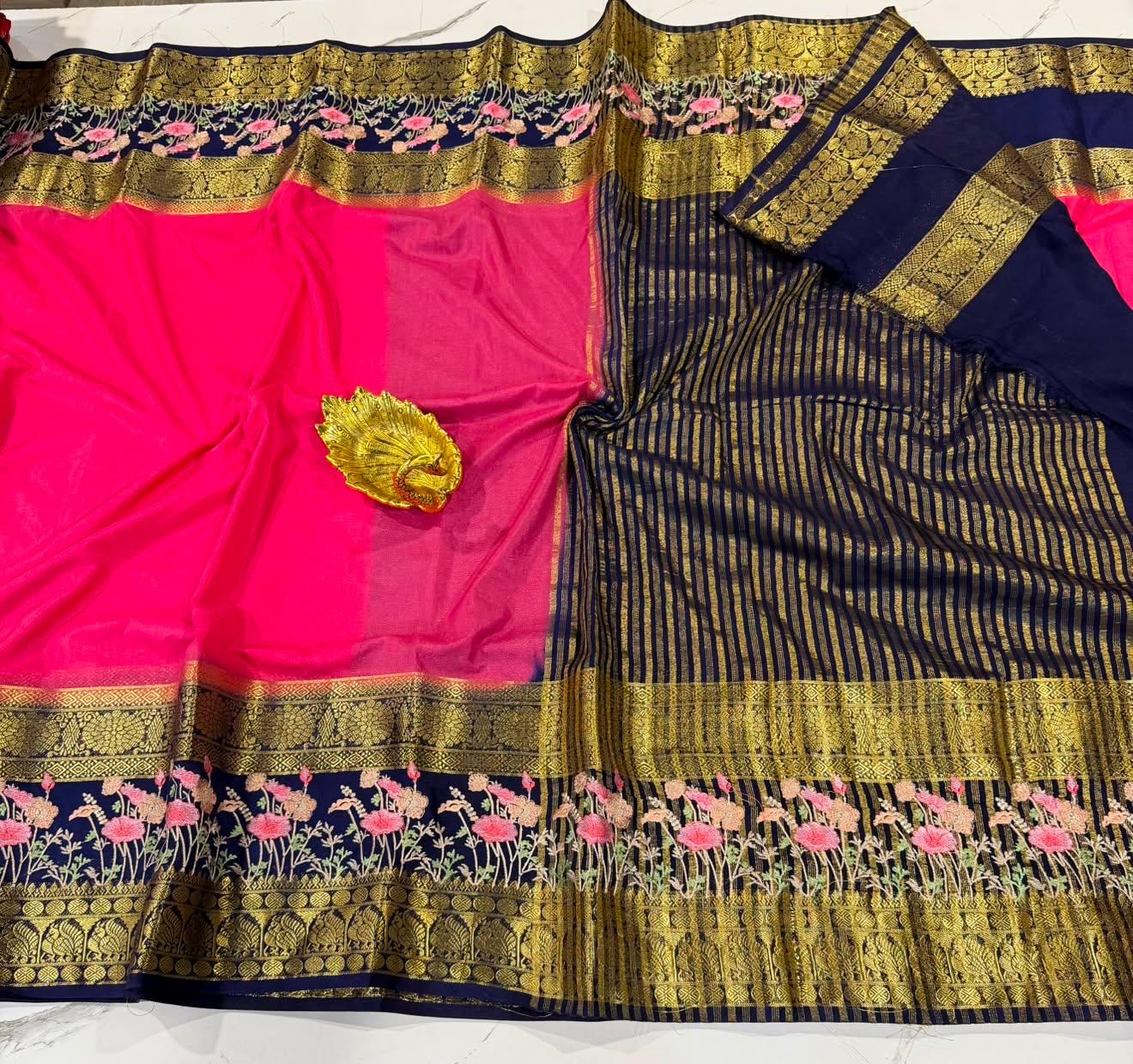 LD-M2 peach pink  & navi blue semi Mysore saree
