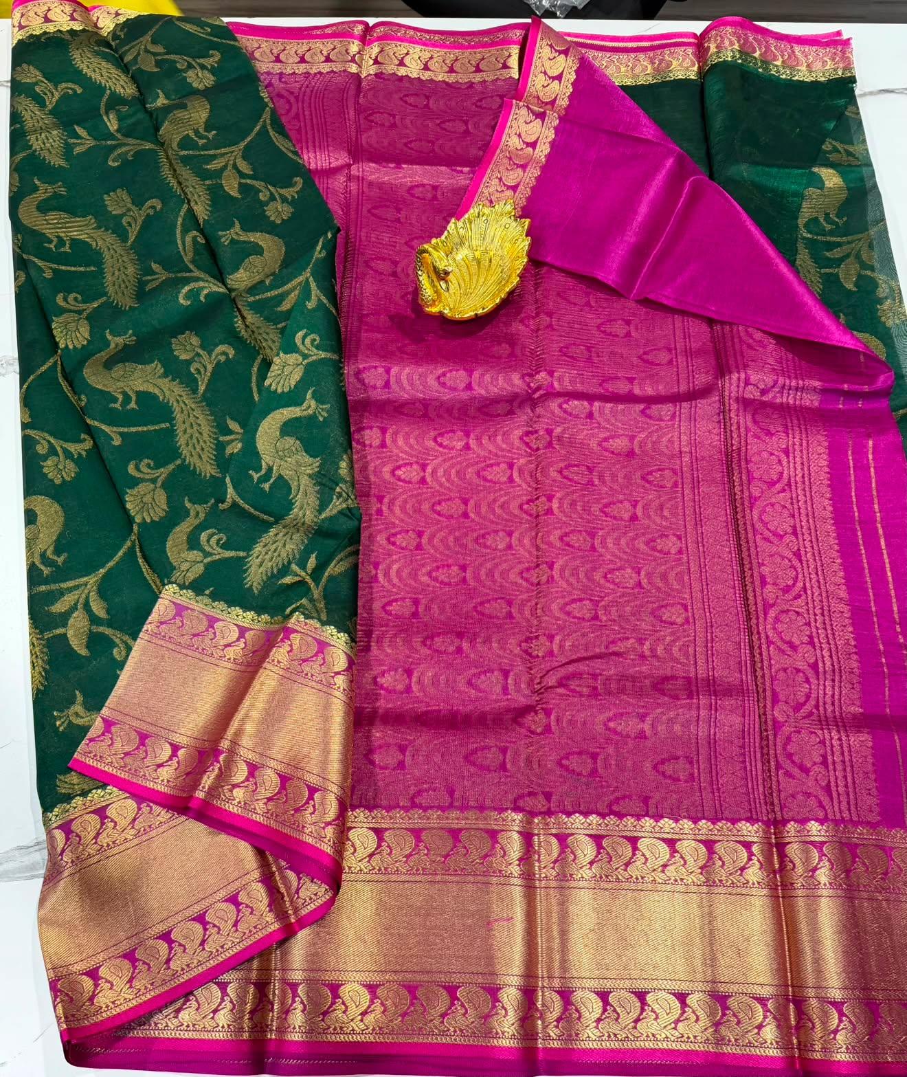 Dp-5900 green  & pink dupion pattu