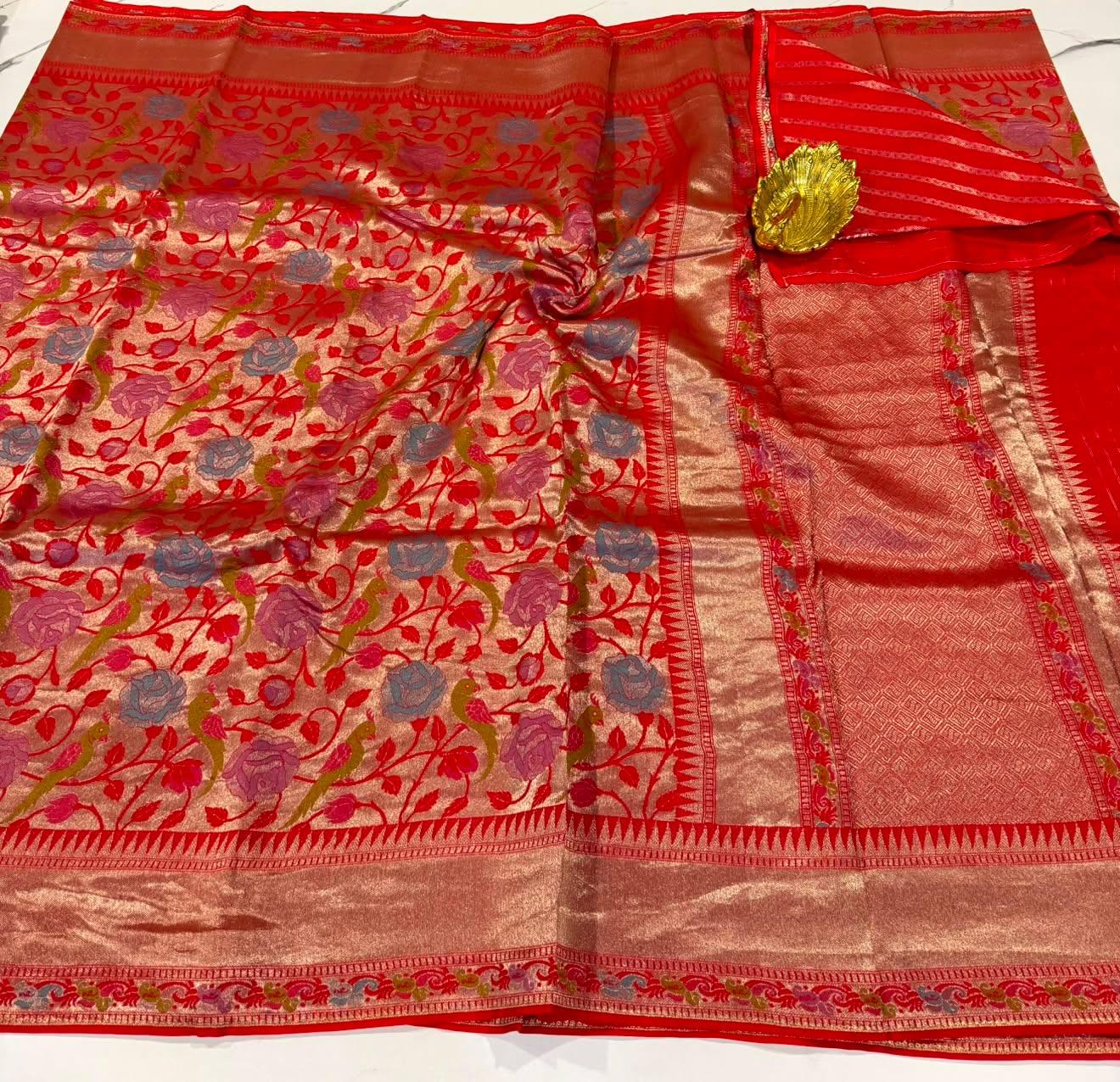 Ts-4600 Red colour Tussar tissue parrots saree