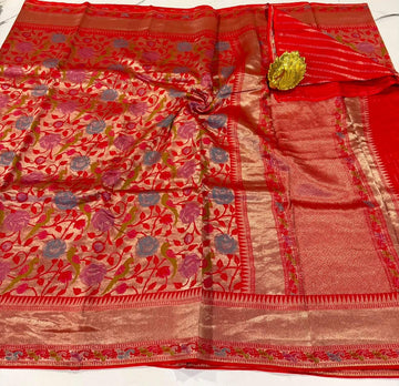 Ts-4600 Red colour Tussar tissue parrots saree