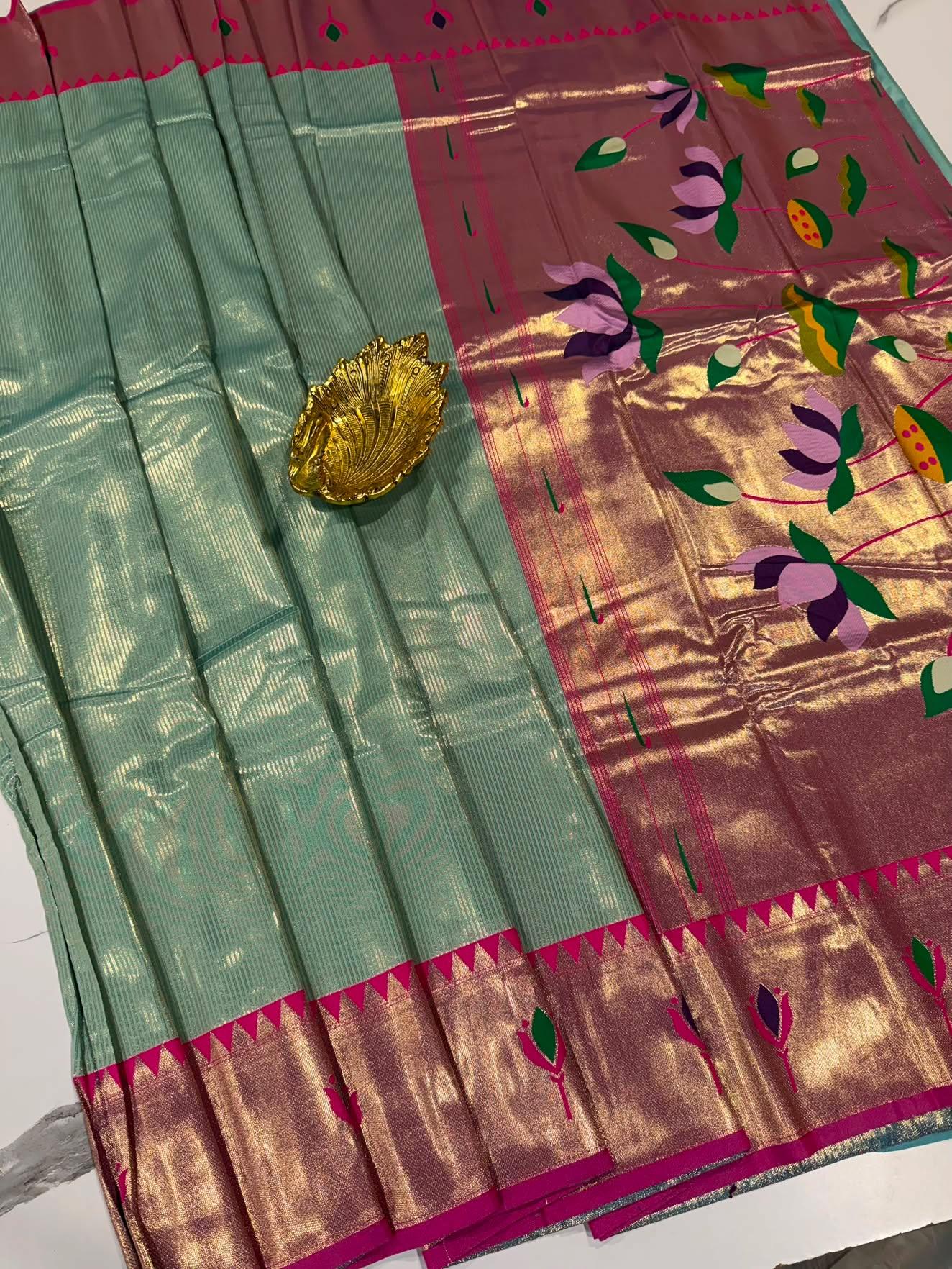 PW-1650 Sea blue n pink colour paithani Saree