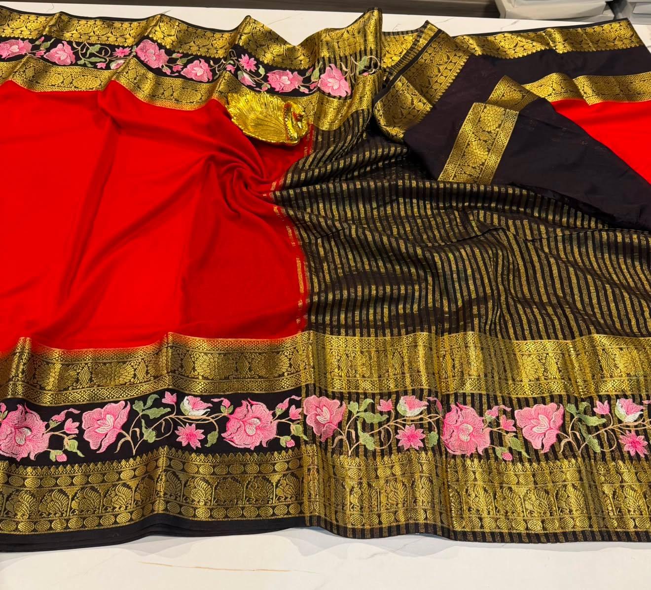 LD-M2 red & black boarder sarees semi Mysore sarees