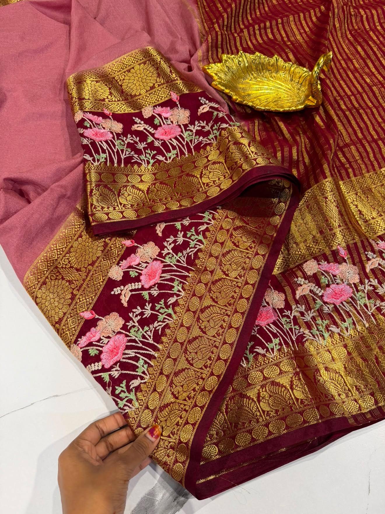 LD-M2 peach & meroon  semi Mysore saree