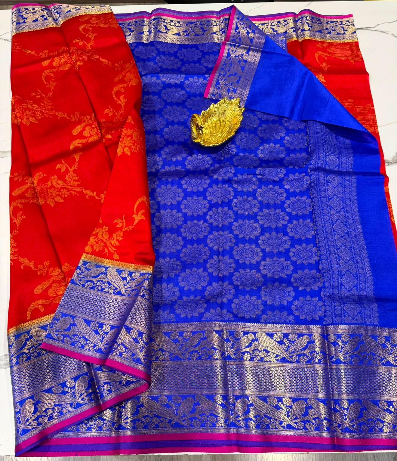 Dp-5900 red  & navi blue  dupion pattu