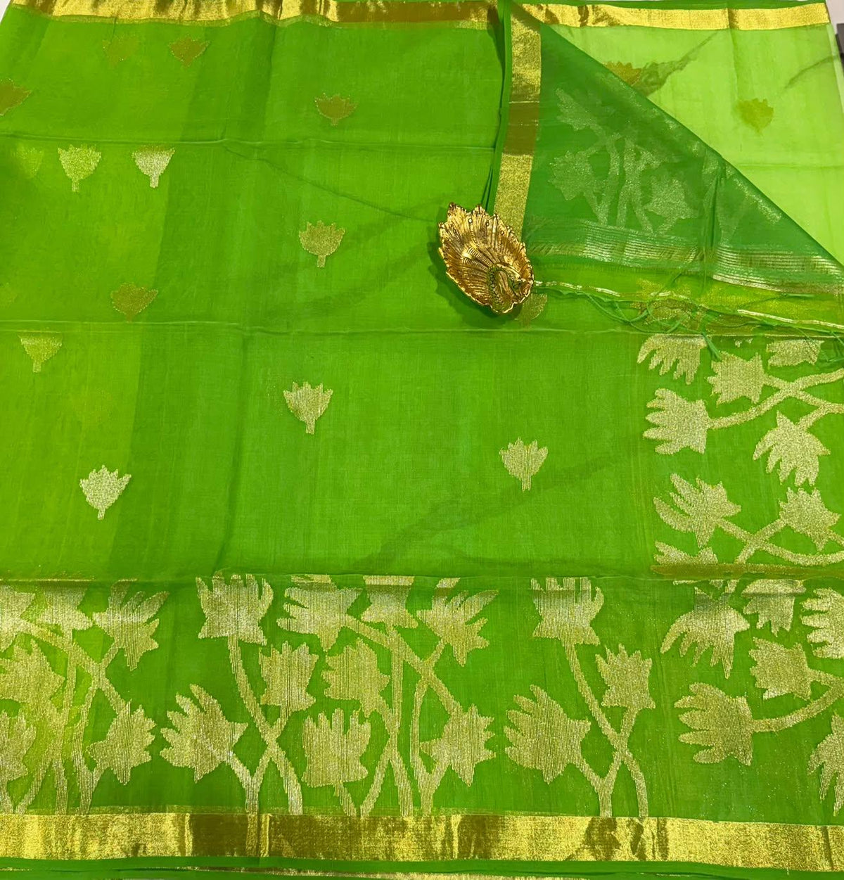 U-6500 Green Muslin pure handloom jamdani sarees