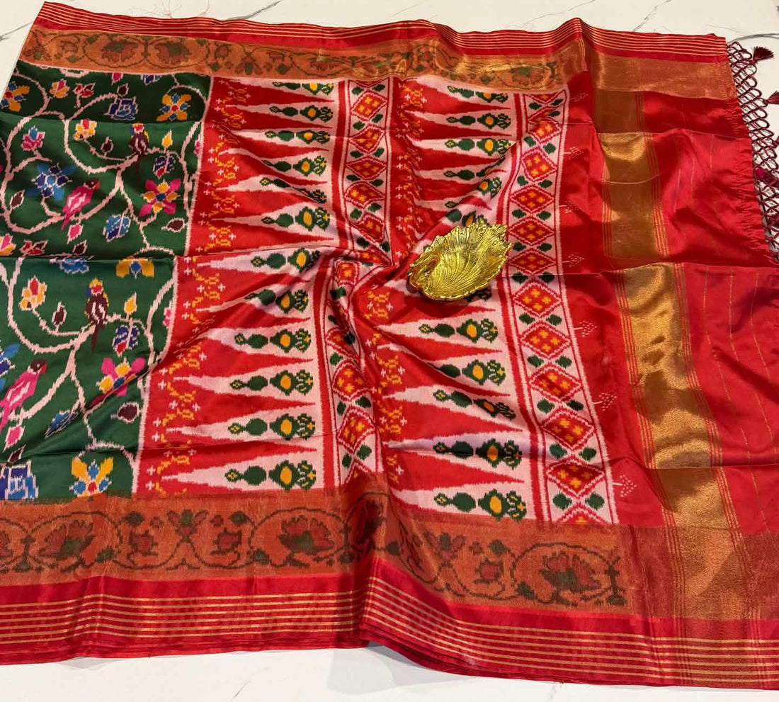 LD-1351 patola with tissue boarder green n red sarees parrots