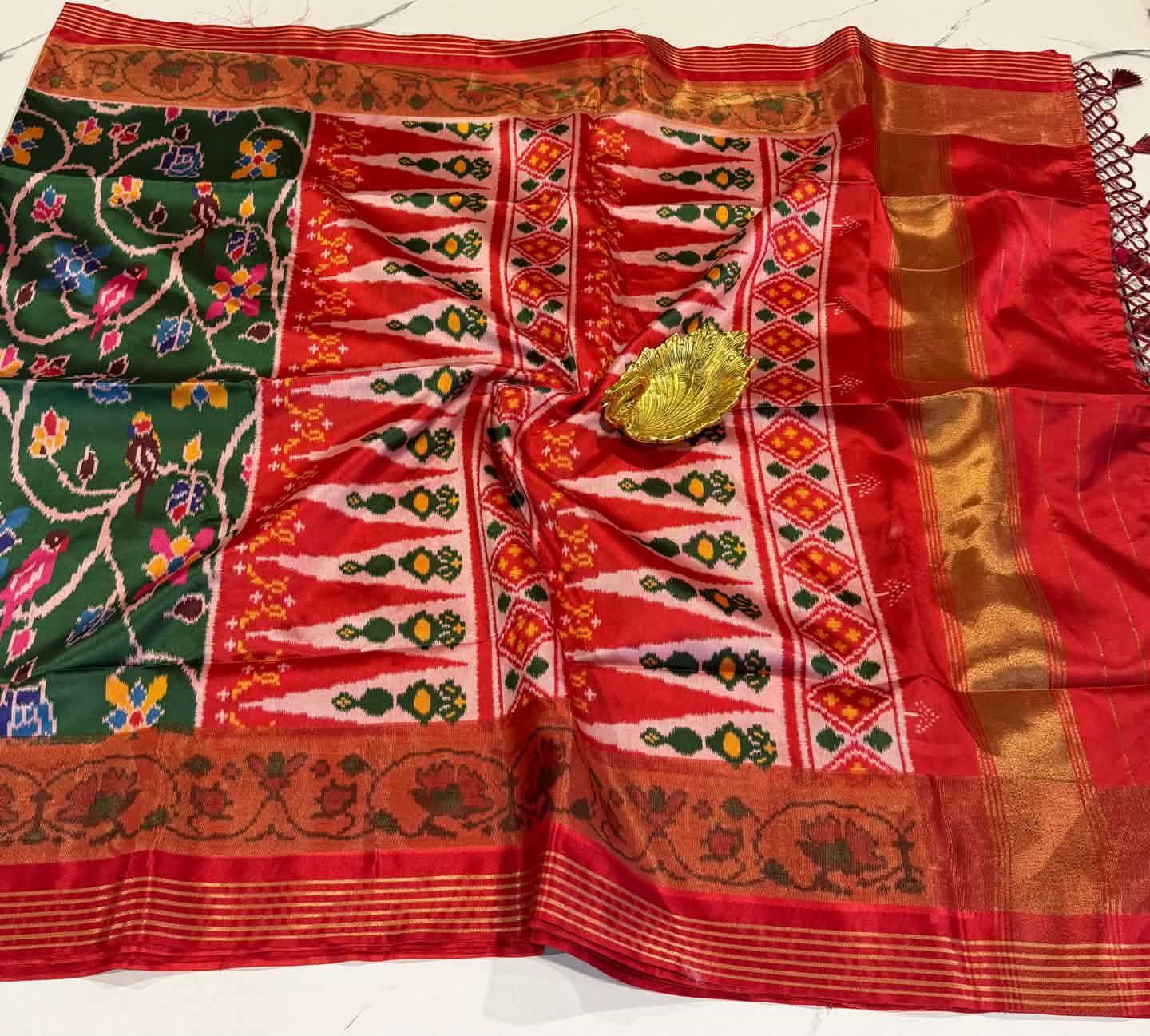 LD-1351 patola with tissue boarder green n red sarees parrots