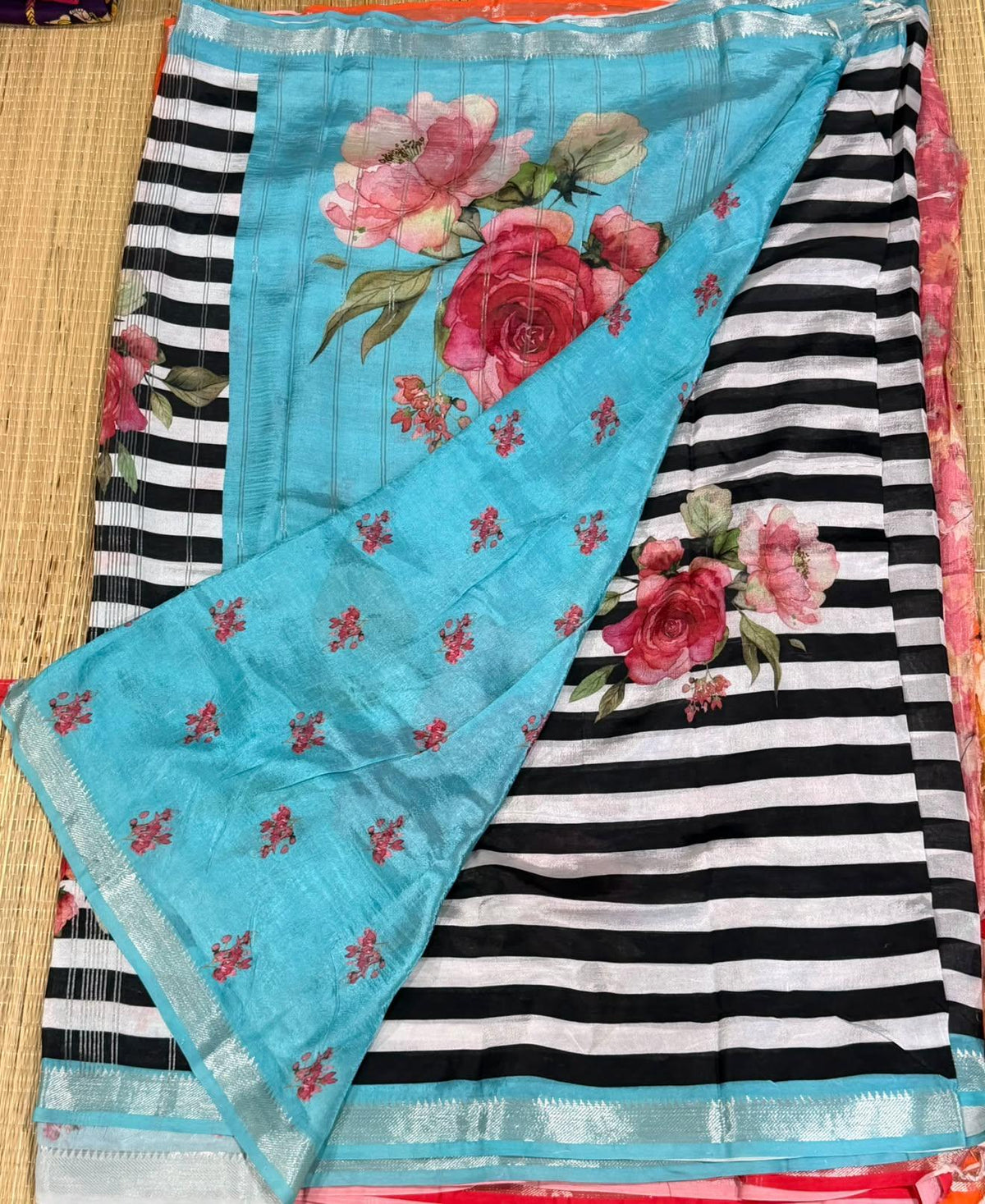 MH-33 Black n white colour lines Handloom Mangalagiri pattu saree n sky blue colour blouse