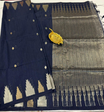 TL-1550 Navy Blue colour Linen jamdani temple saree