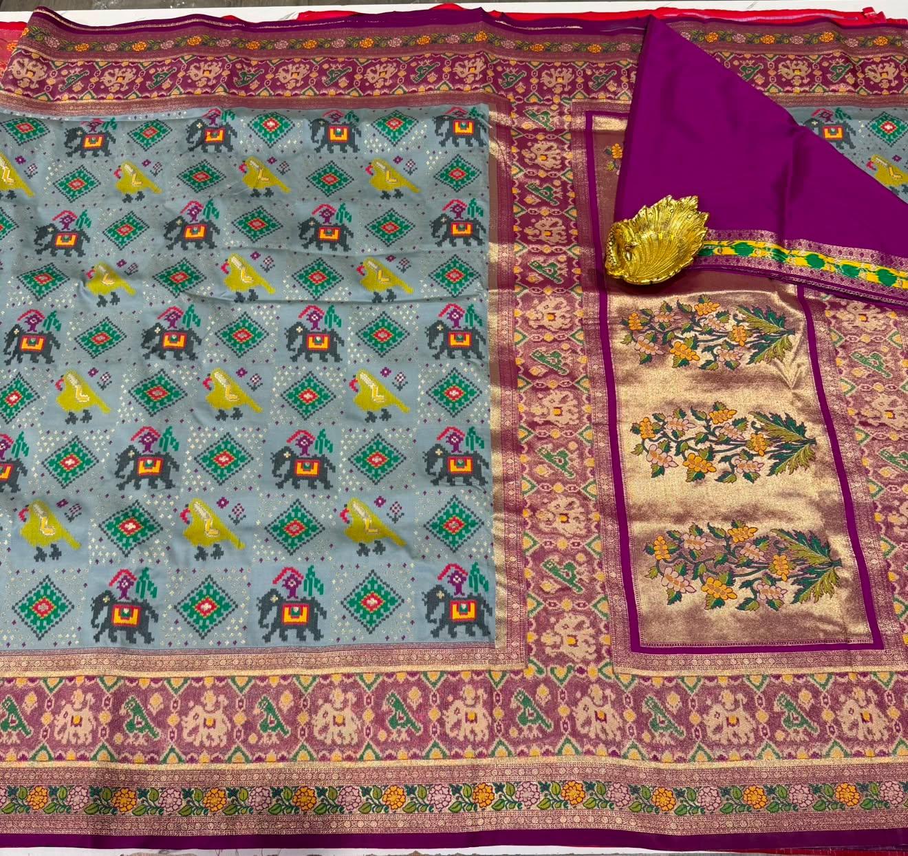 TT-3750 Patola grey and purple tissue border saree