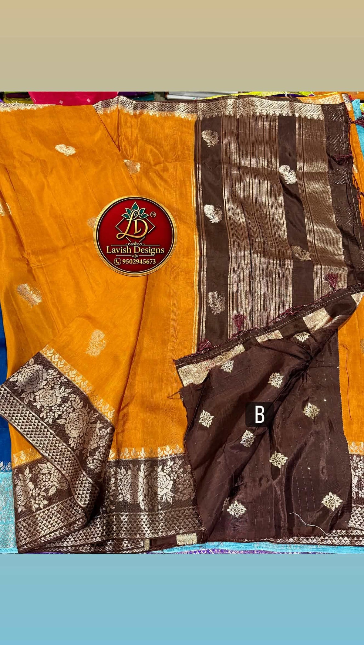 GM-1699 Mustard orange nd coffee brown colour Banaras green mango saree