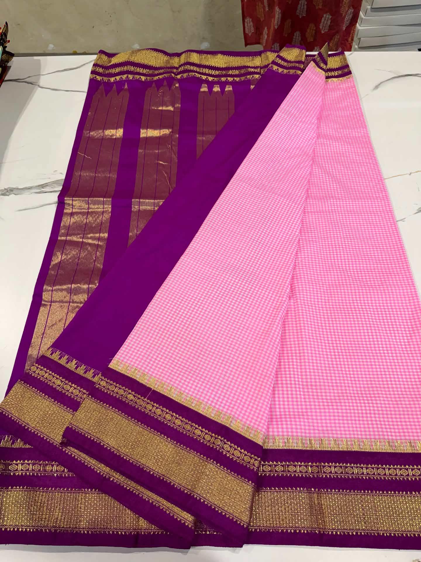 LD-N22 narayanapeta checks sarees baby pink and purple saree