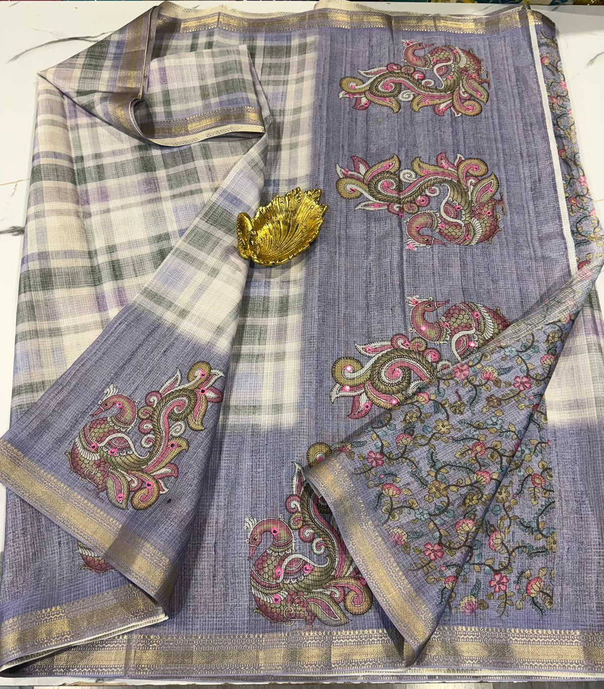 Mk-1350 Lavender colour kota cotton Madras checks saree