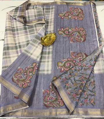 Mk-1350 Lavender colour kota cotton Madras checks saree
