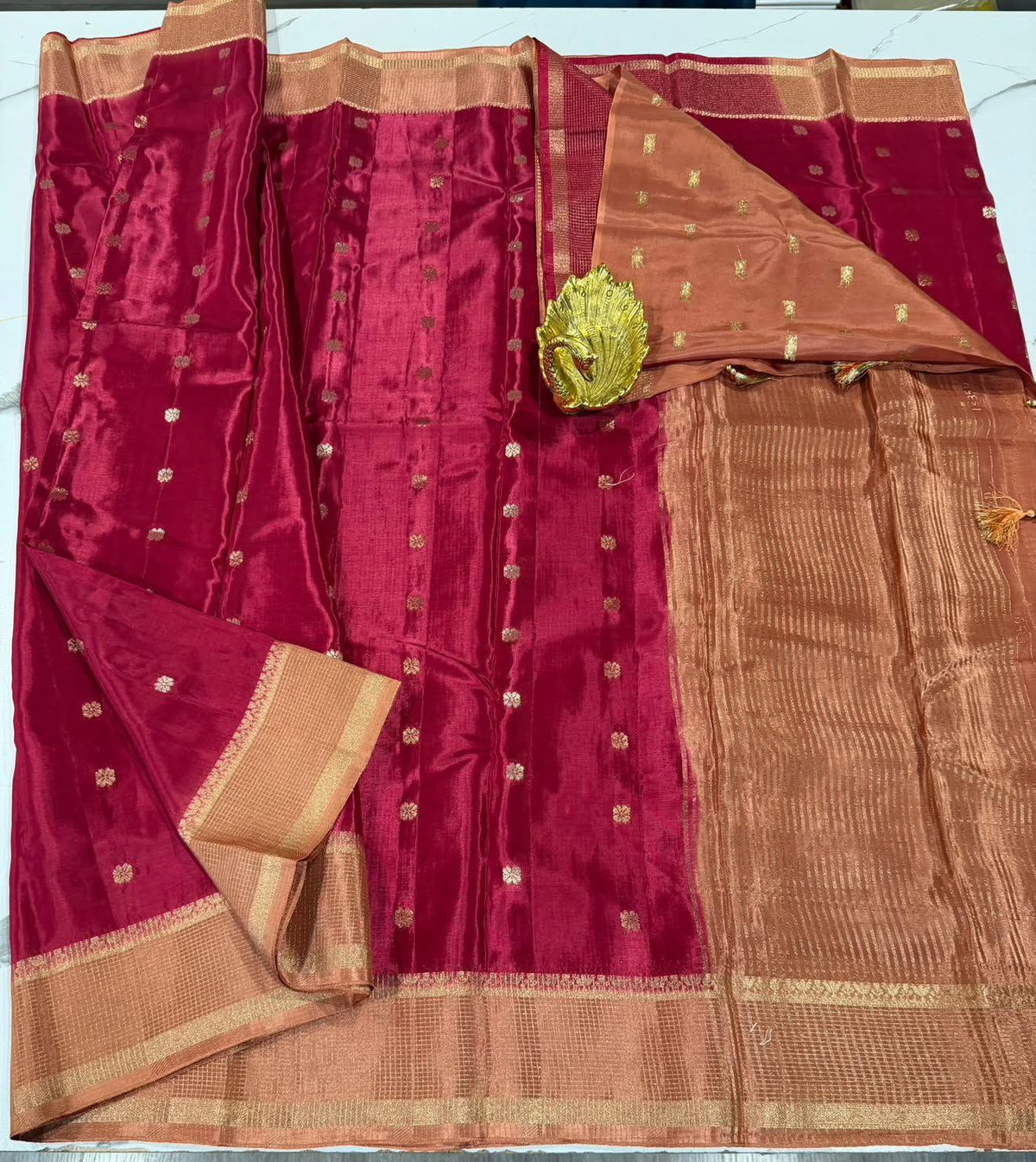 HC -2400 Rani pink n peach colour Banaras viscous crep saree