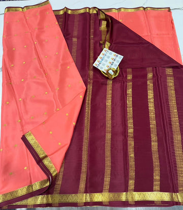 M-76 Peachish pink n Maroon colour pure Mysore crep saree