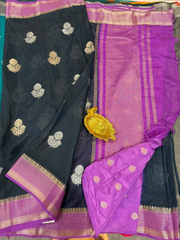KB-1750 Ink blue n lavender colour Banaras vintage kota saree