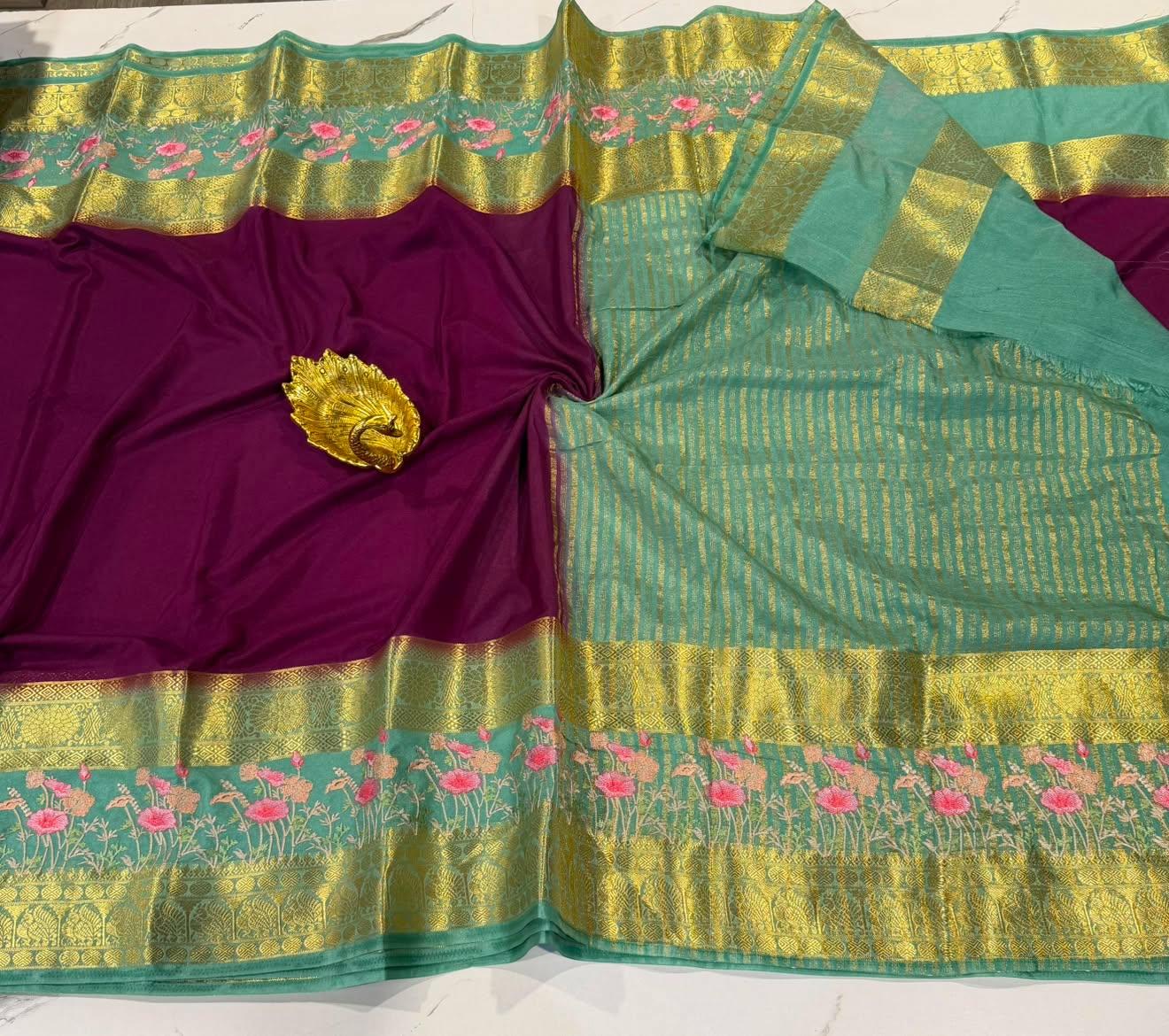 LD-M2 wine  & powder blue semi Mysore saree