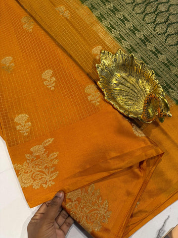 L-2050 Mustered yellow nd Green colour Georgette satin borders saree