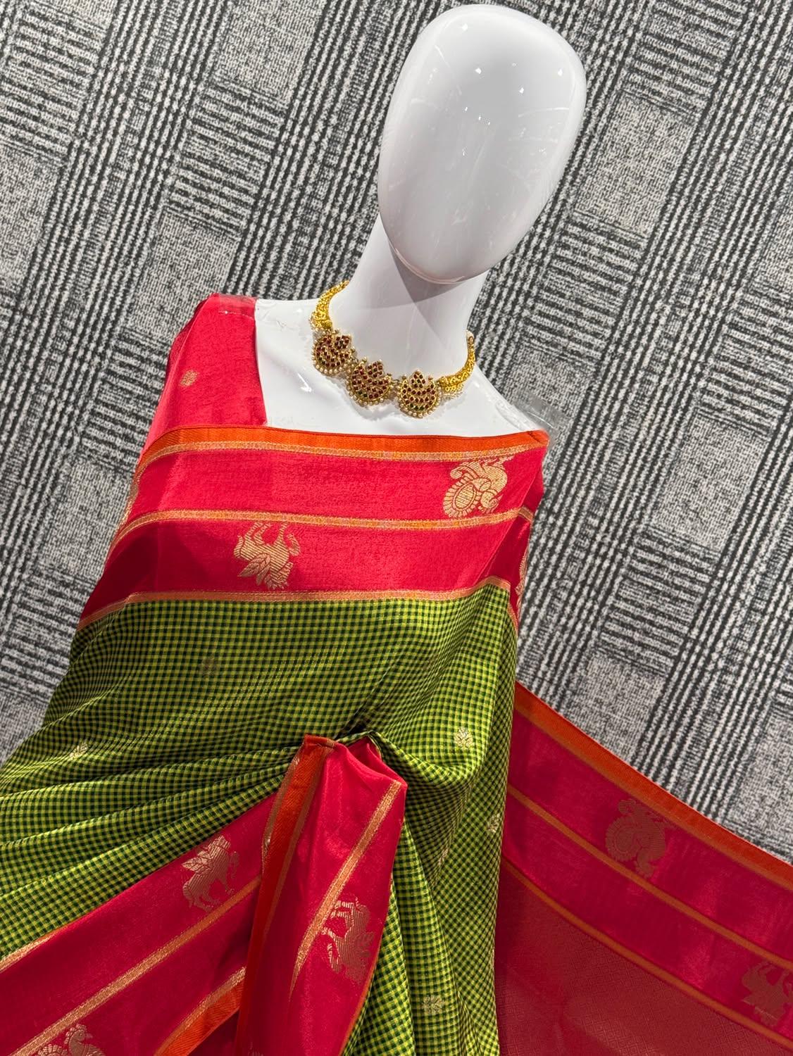 BV-4 Green n light red colour Benaras viscous crepe saree