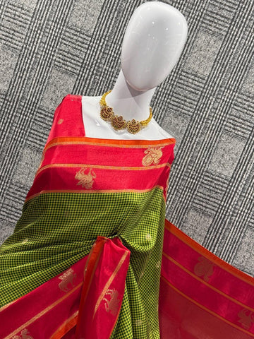 BV-4 Green n light red colour Benaras viscous crepe saree