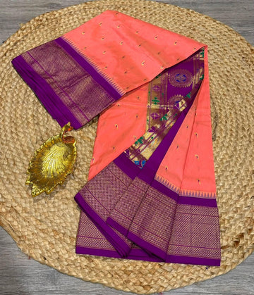 LD-N9  Peachish Pink n meghanta saree Narayanapet semi pattu  muniya butta